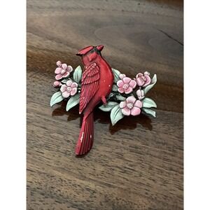 JJ Jonette Jewelry Red Enamel Cardinal On Branch Flowers Gold Tone Brooch Pin
